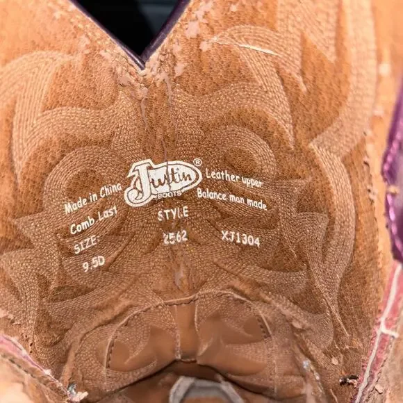 Justin Stampede Purple Shaft Western Boots 9.5D Brown Leather Cowboy Square Toe - Picture 8 of 8